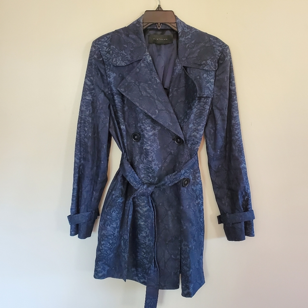 Elie Tahari Snakeskin Print Rain Resistant Trench Jacket Belted Blue Navy Size 6